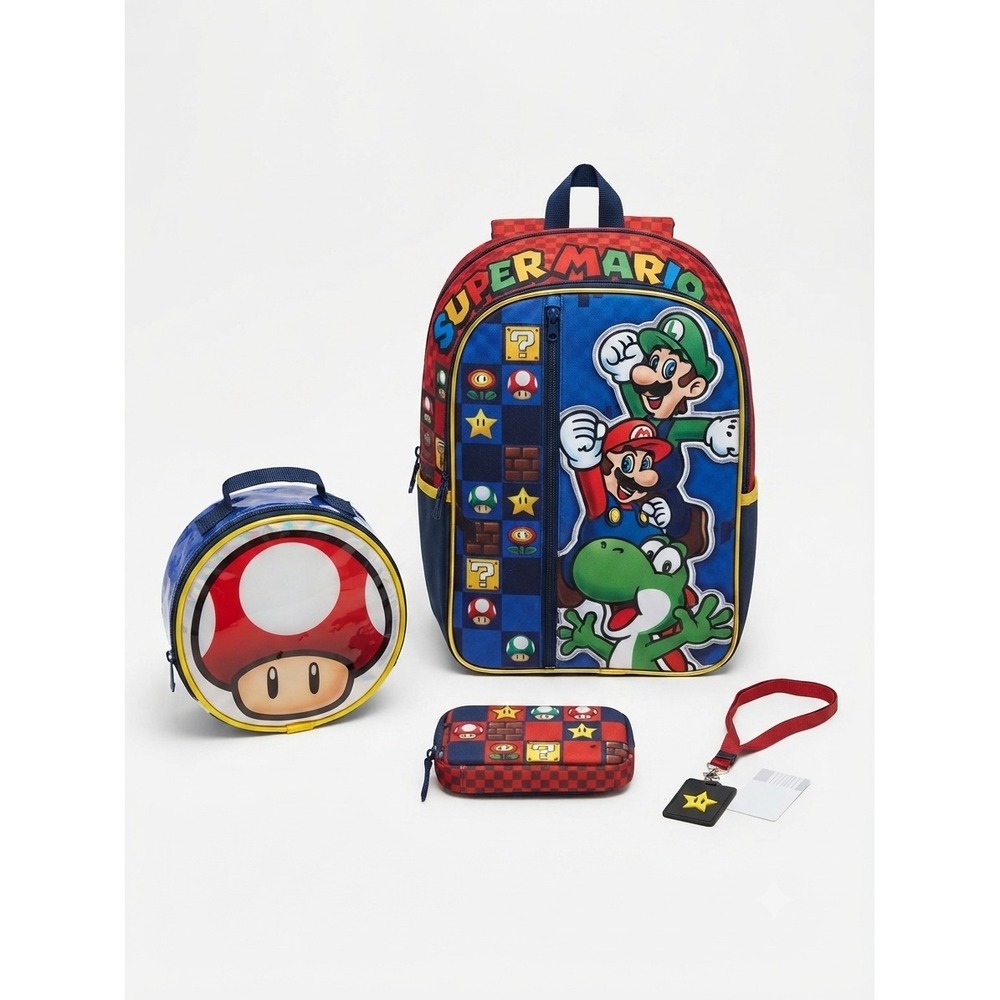 Nintendo Super Mario Kids 17 Inch Backpack 4 Piece Set Mario Luigi Yoshi New